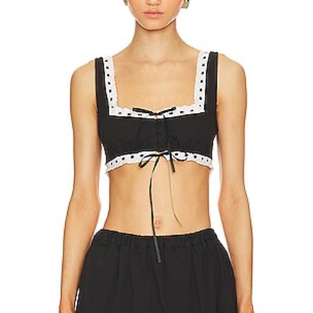 MAJORELLE Carolyn Crop Top, Black with White Crochet Detail - Size M